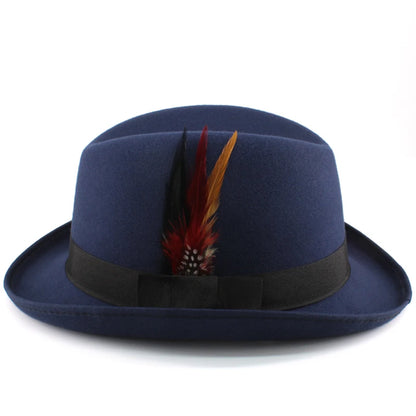 Men Women Wool Blend Classical Homburg Hats Feather Band Fedora Caps