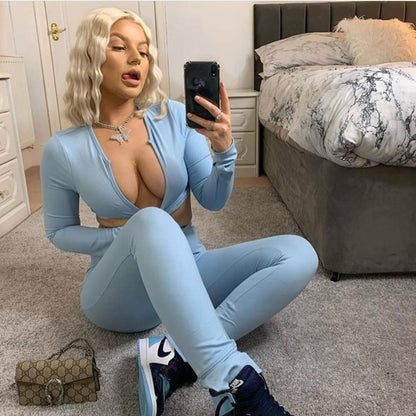 Long Sleeve V-neck Sexy Crop Top Leggings 2 Pieces Set