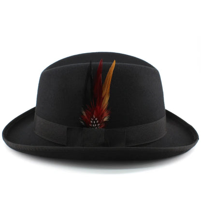 Men Women Wool Blend Classical Homburg Hats Feather Band Fedora Caps
