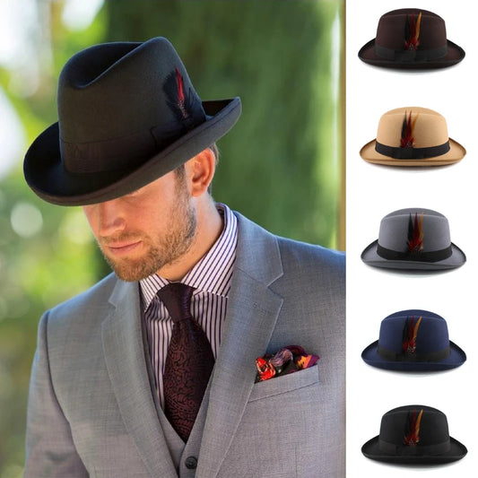 Men Women Wool Blend Classical Homburg Hats Feather Band Fedora Caps