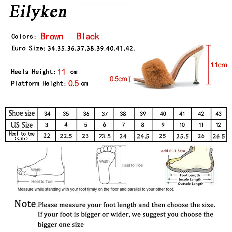 Eilyken Fashion Faux Fur Women Mule High Heels Slippers Sandals Flip