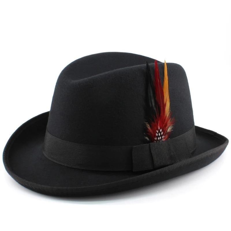 Men Women Wool Blend Classical Homburg Hats Feather Band Fedora Caps