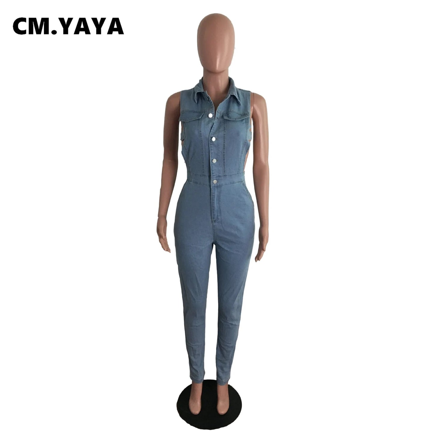 CM.YAYA Women Denim Jumpsuit Hollow Out Sleeveless Turn-down Collar