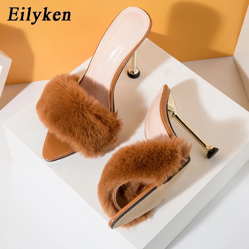 Eilyken Fashion Faux Fur Women Mule High Heels Slippers Sandals Flip