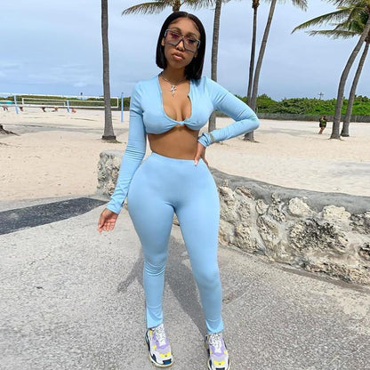 Long Sleeve V-neck Sexy Crop Top Leggings 2 Pieces Set