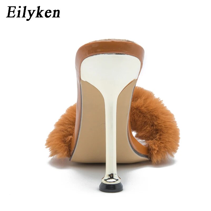 Eilyken Fashion Faux Fur Women Mule High Heels Slippers Sandals Flip