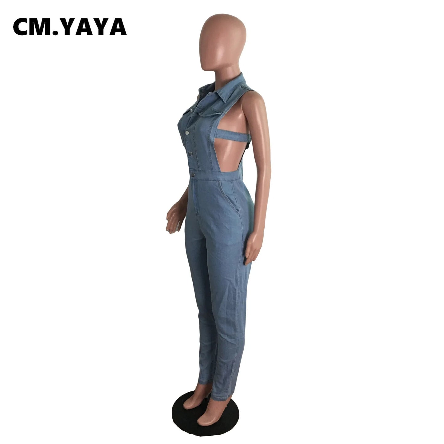 CM.YAYA Women Denim Jumpsuit Hollow Out Sleeveless Turn-down Collar