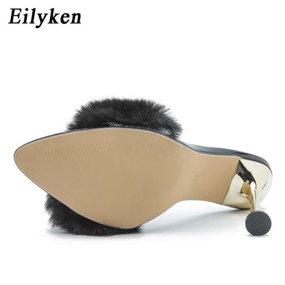 Eilyken Fashion Faux Fur Women Mule High Heels Slippers Sandals Flip