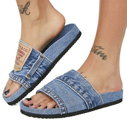 Chanclas planas Cool Round Head para mujer Denim Azul/Negro 