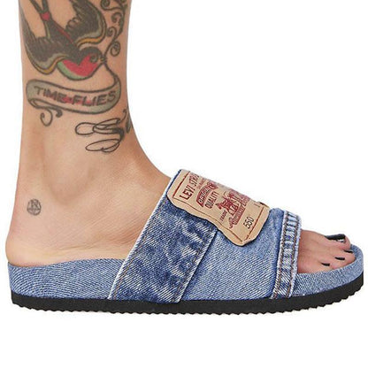 Chanclas planas Cool Round Head para mujer Denim Azul/Negro 