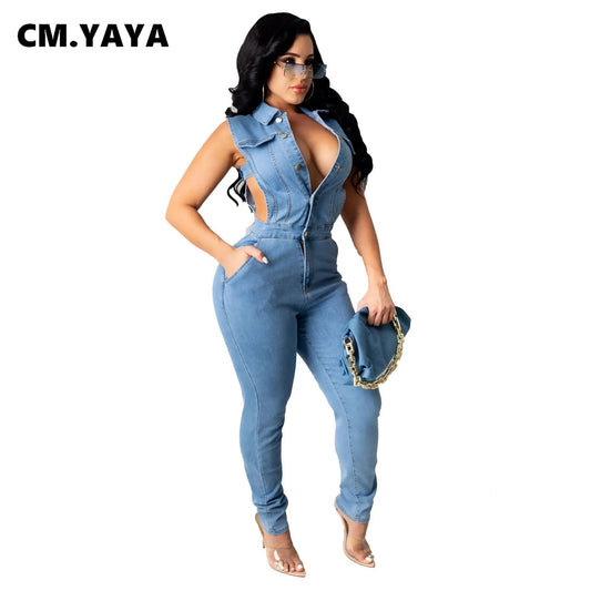 CM.YAYA Women Denim Jumpsuit Hollow Out Sleeveless Turn-down Collar