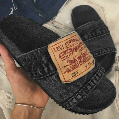 Chanclas planas Cool Round Head para mujer Denim Azul/Negro 