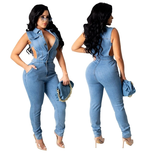 CM.YAYA Women Denim Jumpsuit Hollow Out Sleeveless Turn-down Collar