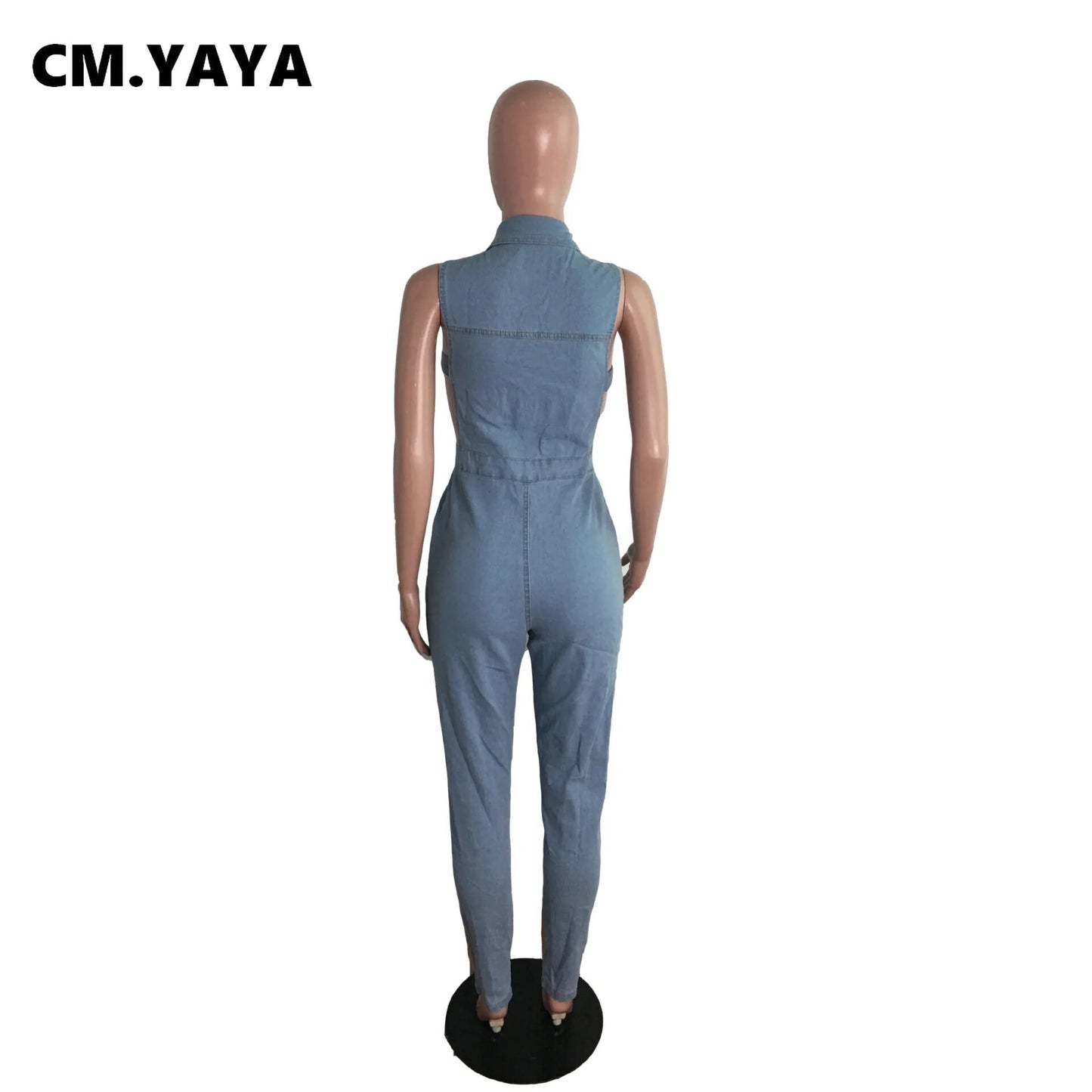 CM.YAYA Women Denim Jumpsuit Hollow Out Sleeveless Turn-down Collar