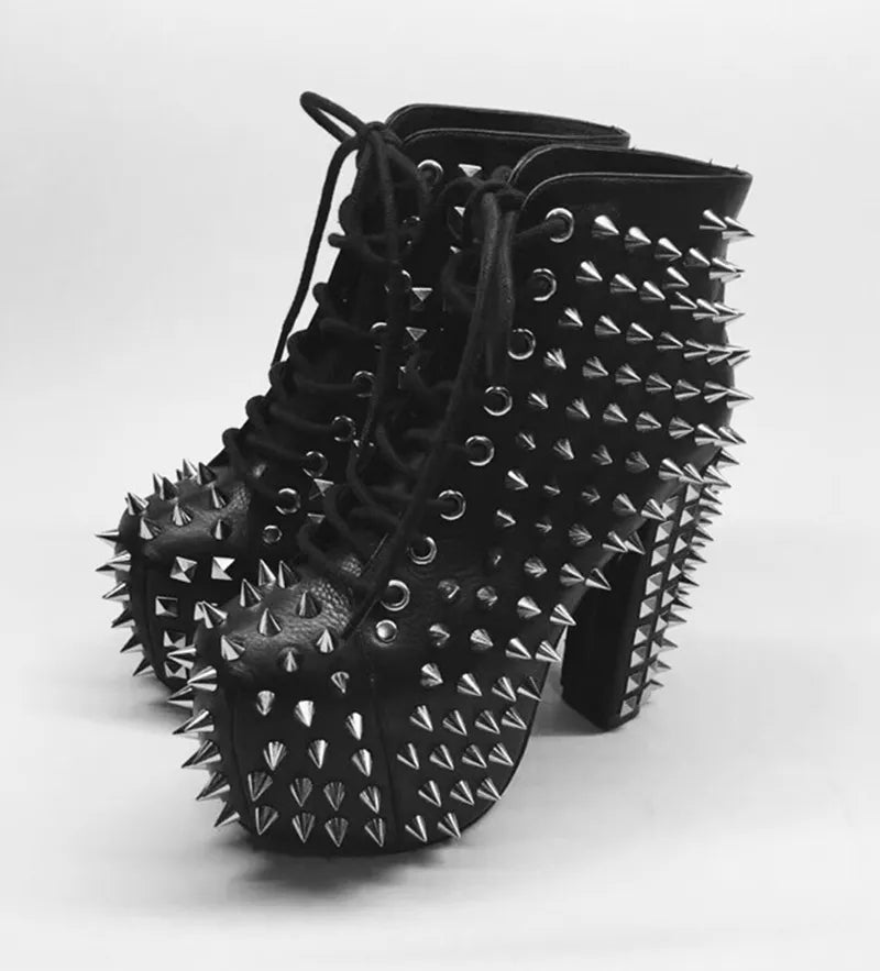 Fashion Genuine Leather Women Black Ankle Boots Platform Spike