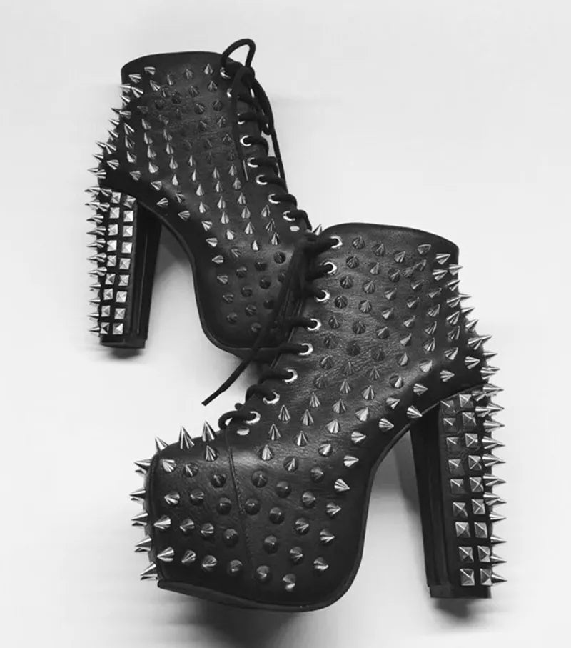 Fashion Genuine Leather Women Black Ankle Boots Platform Spike