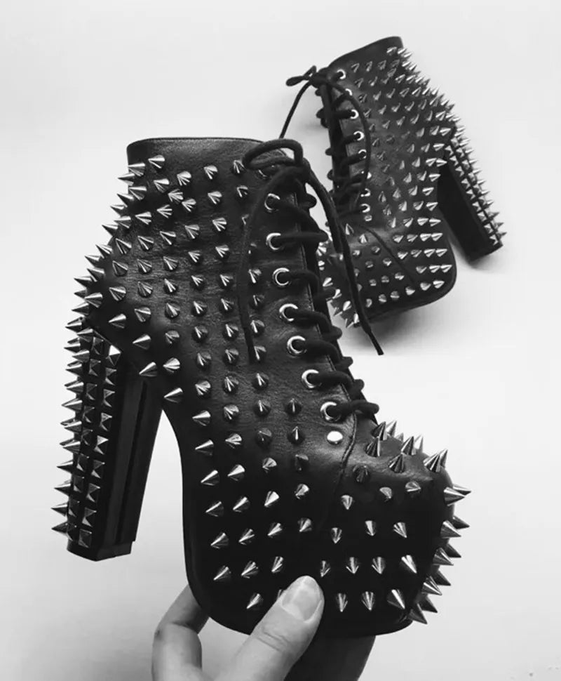 Fashion Genuine Leather Women Black Ankle Boots Platform Spike