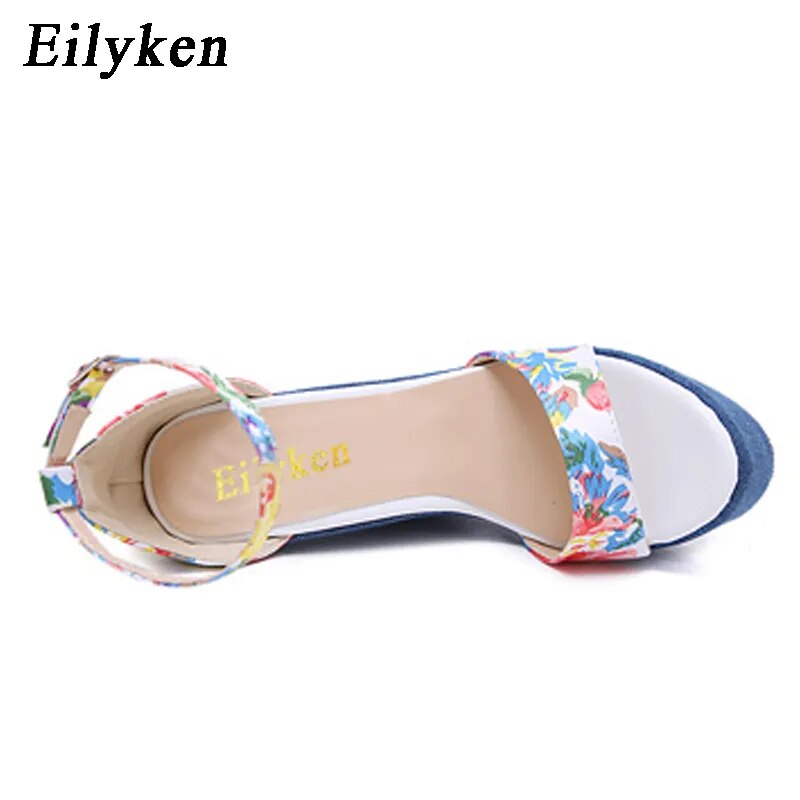 Eilyken Fashion Designer Print Denim Sandals Woman Roman Wedges High