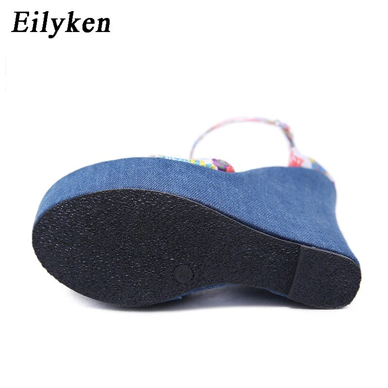 Eilyken Fashion Designer Print Denim Sandals Woman Roman Wedges High