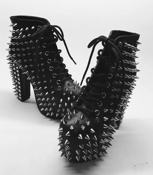 Fashion Genuine Leather Women Black Ankle Boots Platform Spike