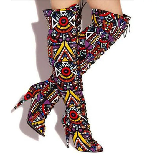 Sexy Women Multi Folk Printing Thigh High Boots High Heels Lace Up