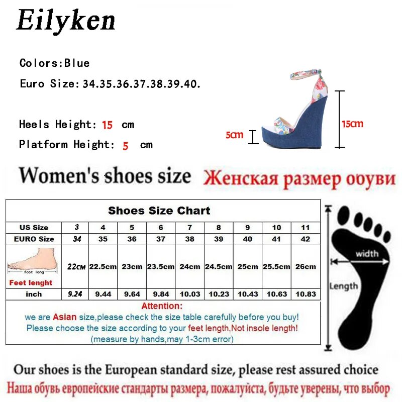 Eilyken Fashion Designer Print Denim Sandals Woman Roman Wedges High