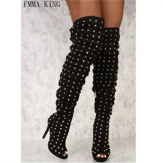 New Rivets Studded Women's Thigh High Boots Peep Toe Sexy Ladies