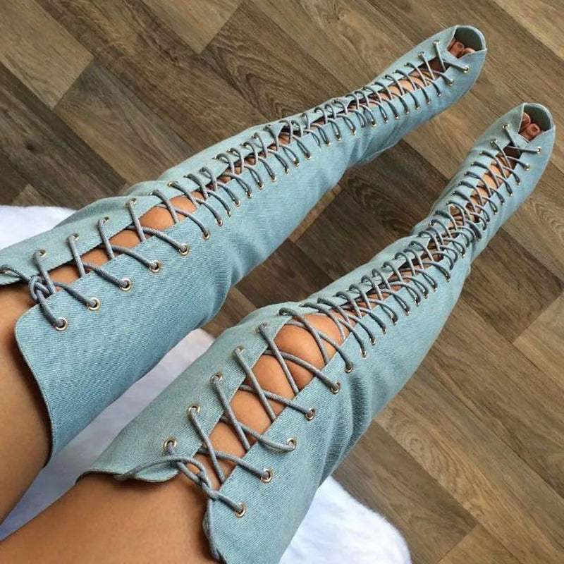 Sexy Peep Toe Cross-tie Denim Cloth Thigh High Boots Thin High Heel