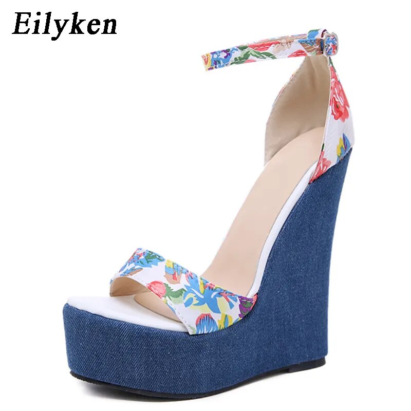 Eilyken Fashion Designer Print Denim Sandals Woman Roman Wedges High