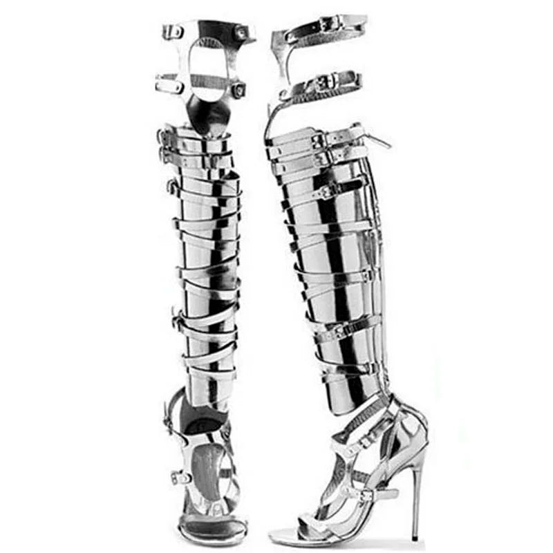 Summer Sexy Ladies Mirror Shiny Leather Peep toe Thigh High Boots