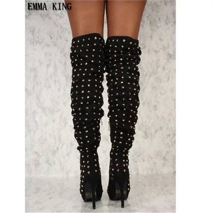 New Rivets Studded Women's Thigh High Boots Peep Toe Sexy Ladies