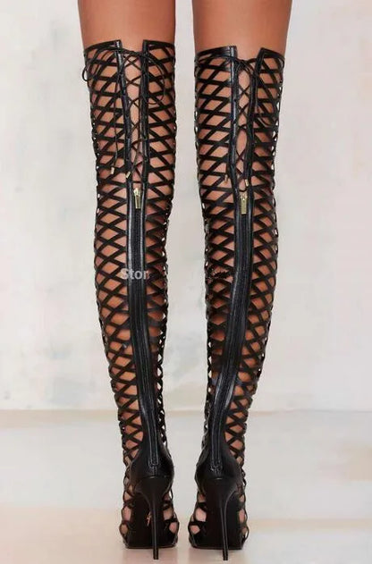 Black leather hollow out thigh high boots back zipper lace up