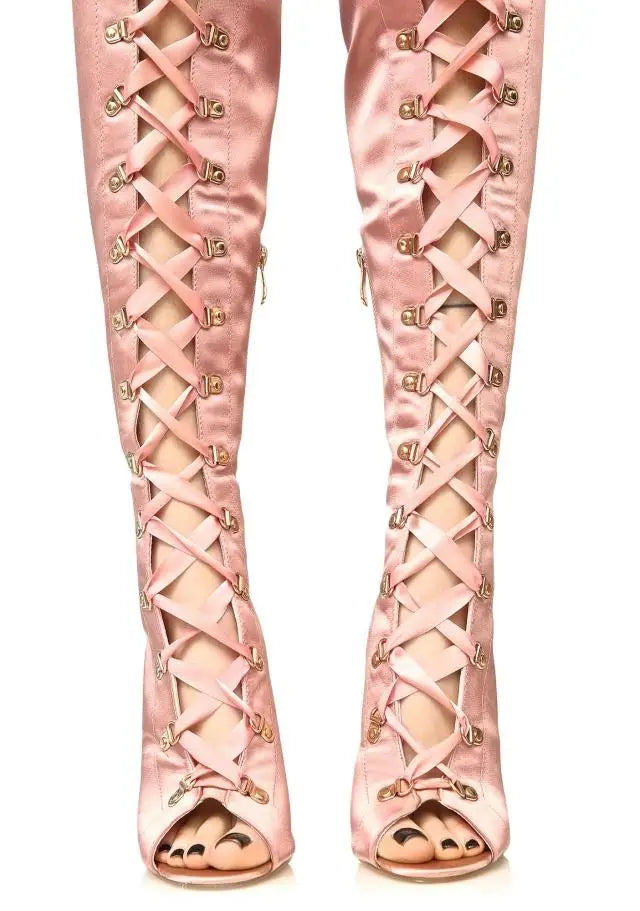 Hot Sexy Satin Silk Peep Toe Thigh High Boots Thin High Heel  Metal