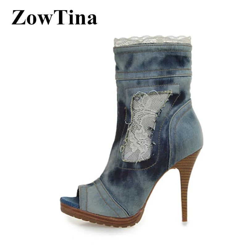 Women Platform Peep Toe Ankle Boots Light Blue Denim Autumn Short