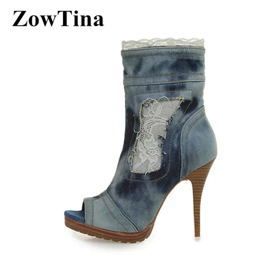 Women Platform Peep Toe Ankle Boots Light Blue Denim Autumn Short