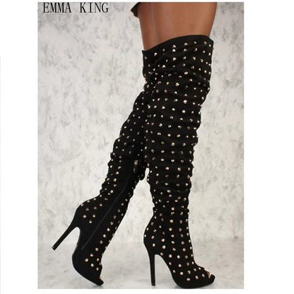 New Rivets Studded Women's Thigh High Boots Peep Toe Sexy Ladies