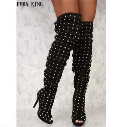New Rivets Studded Women's Thigh High Boots Peep Toe Sexy Ladies
