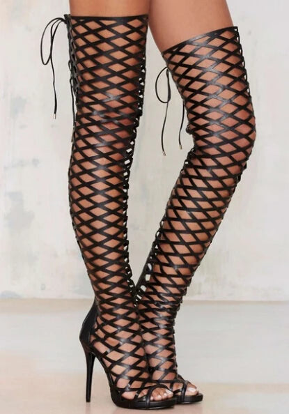 Black leather hollow out thigh high boots back zipper lace up