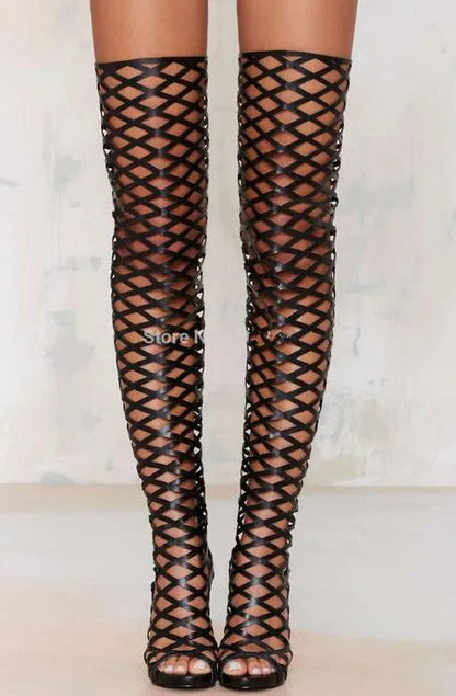 Black leather hollow out thigh high boots back zipper lace up