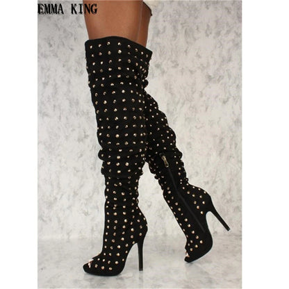 New Rivets Studded Women's Thigh High Boots Peep Toe Sexy Ladies