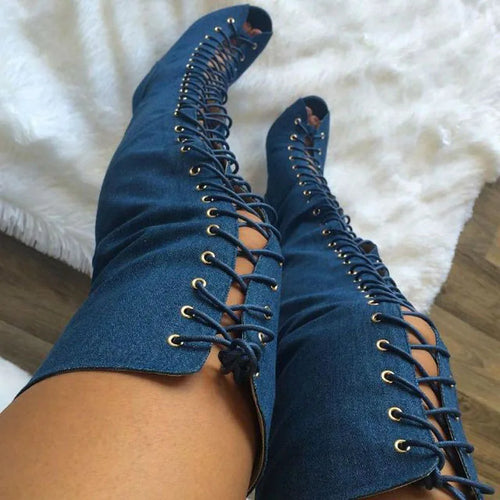 Sexy Peep Toe Cross-tie Denim Cloth Thigh High Boots Thin High Heel