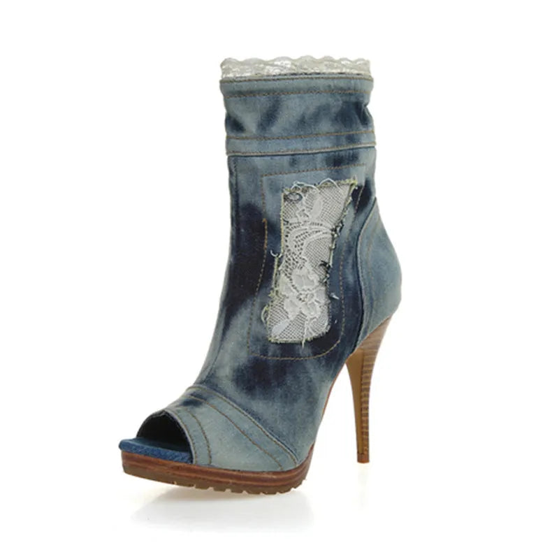 Women Platform Peep Toe Ankle Boots Light Blue Denim Autumn Short