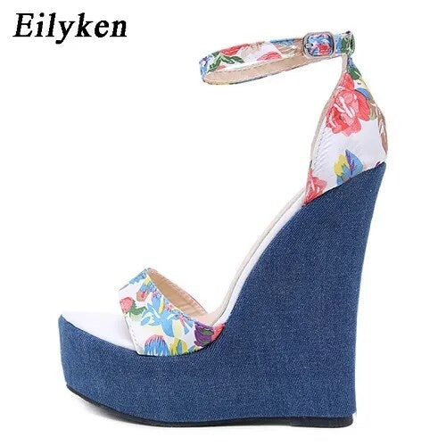 Eilyken Fashion Designer Print Denim Sandals Woman Roman Wedges High