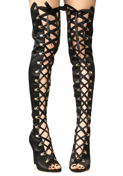 Hot Sexy Satin Silk Peep Toe Thigh High Boots Thin High Heel  Metal