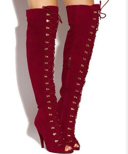 Sexy Women Multi Folk Printing Thigh High Boots High Heels Lace Up