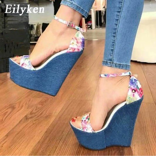 Eilyken Fashion Designer Print Denim Sandals Woman Roman Wedges High