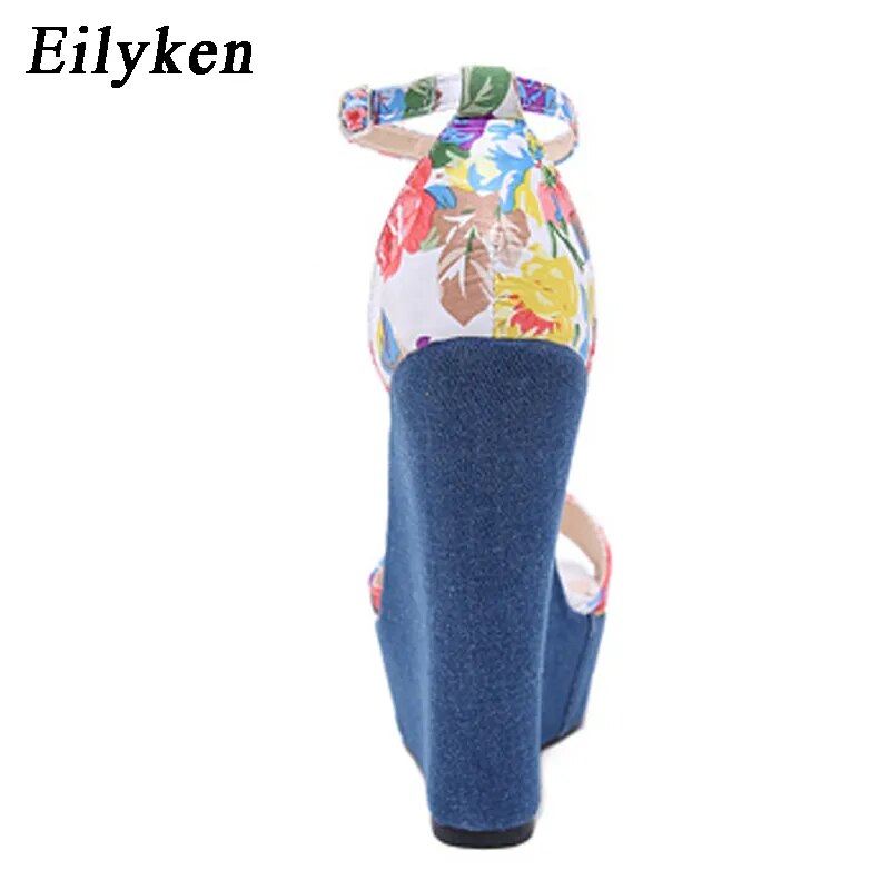 Eilyken Fashion Designer Print Denim Sandals Woman Roman Wedges High