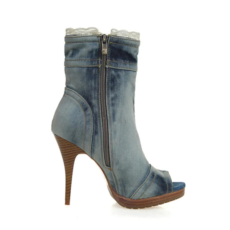 Women Platform Peep Toe Ankle Boots Light Blue Denim Autumn Short