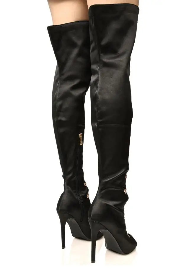 Hot Sexy Satin Silk Peep Toe Thigh High Boots Thin High Heel  Metal