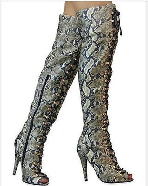 Sexy Women Multi Folk Printing Thigh High Boots High Heels Lace Up